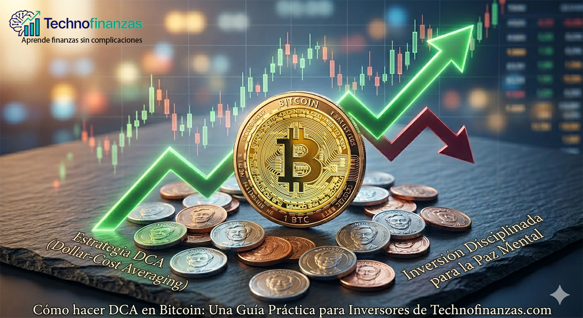 Moneda dorada de Bitcoin con una ilustración realista rodeada de pequeñas monedas de satoshis sobre un fondo de gráficos financieros con flechas de tendencia verde hacia arriba y roja hacia abajo.