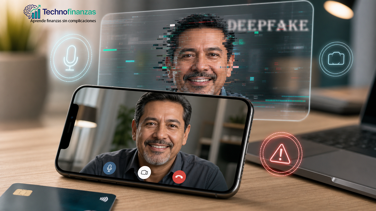 A smartphone on a desk showing a video call with a man’s face, and behind it a glitched duplicate face revealing an AI deepfake, with subtle financial elements like a debit card and laptop keyboard in the scene.