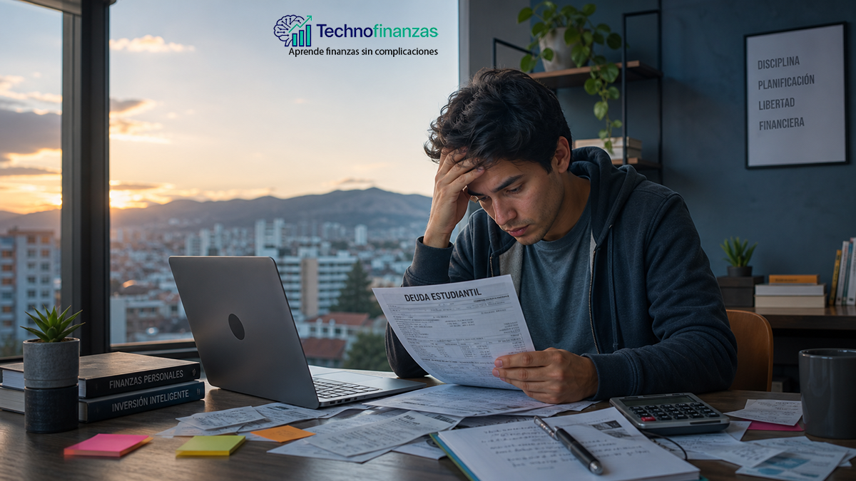 Joven latino revisando documentos de deuda universitaria con laptop y calculadora en un apartamento modesto, mostrando estrés y determinación mientras planifica sus finanzas.