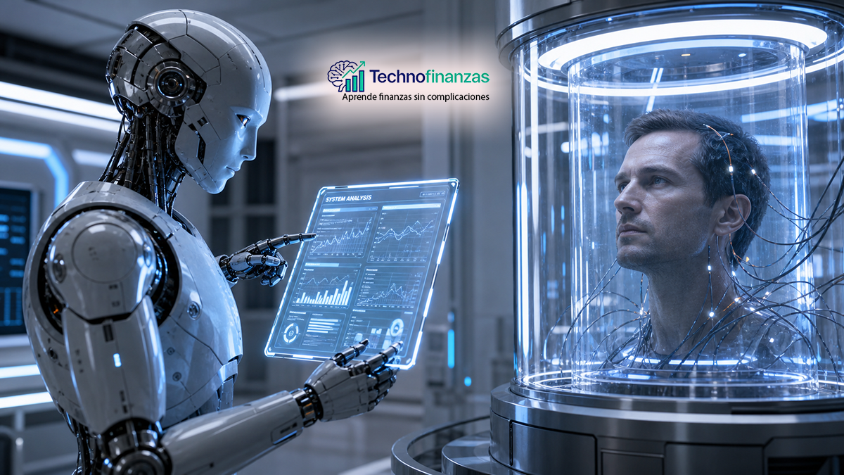 Cabeza humana dentro de un tubo de vidrio observando a un robot que le muestra información en un laboratorio futurista.