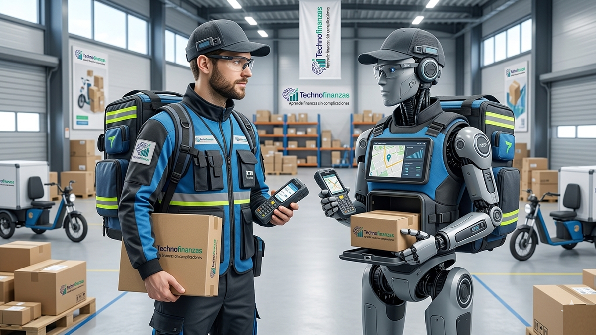 idénticos de Technofinanzas sosteniendo paquetes en un centro de distribución logística.