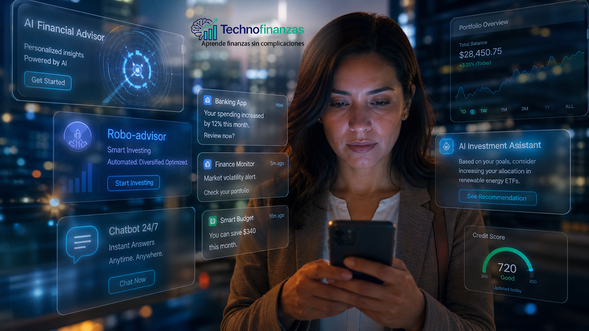 Persona latina mirando su celular mientras varias interfaces de IA financieras compiten por su atención en una ciudad moderna.