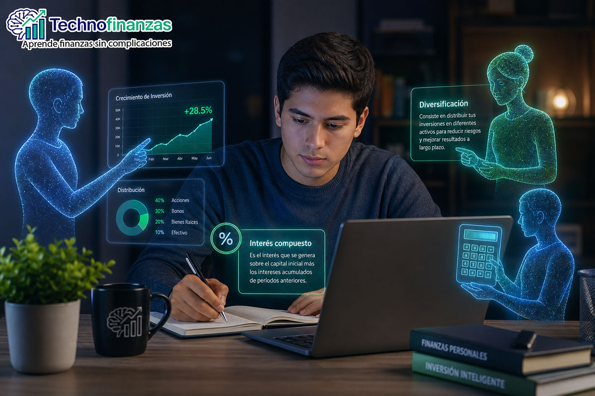 Estudiante latino aprendiendo sobre inversiones frente a una laptop, rodeado de interfaces de IA explicándole conceptos financieros, con el logo de Technofinanzas arriba a la izquierda