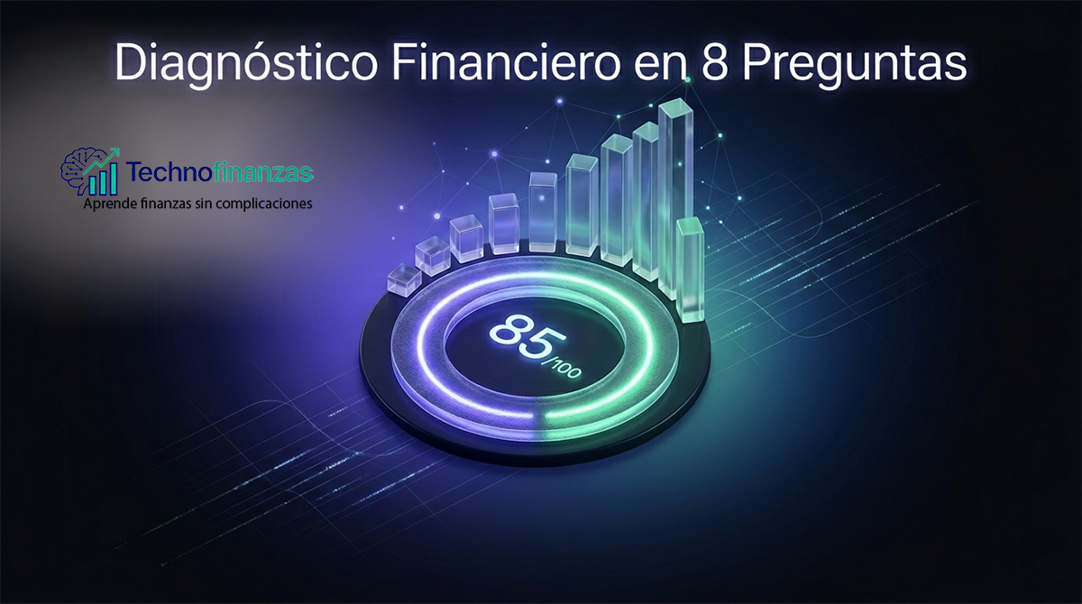 Vista isométrica 3D de un gráfico financiero iluminado en tonos azul, violeta y verde neón sobre un fondo oscuro, con el texto Diagnóstico Financiero en 8 Preguntas en la parte superior.