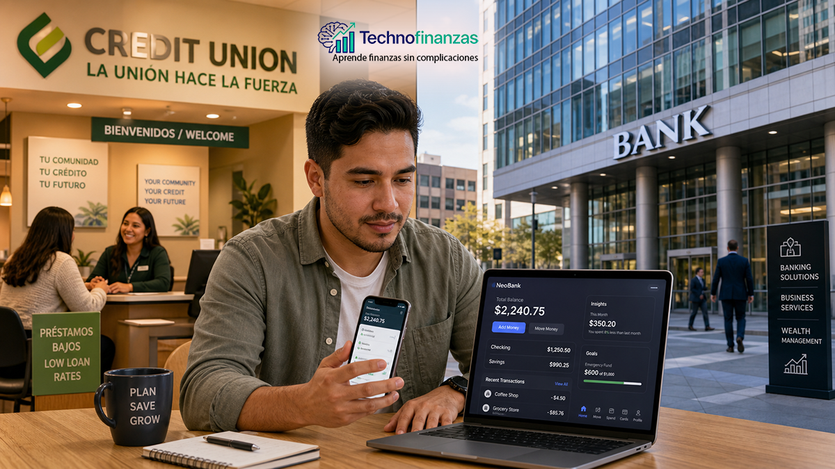 Persona latina comparando en el móvil un neobanco con una credit union comunitaria y un banco tradicional de EE.UU.