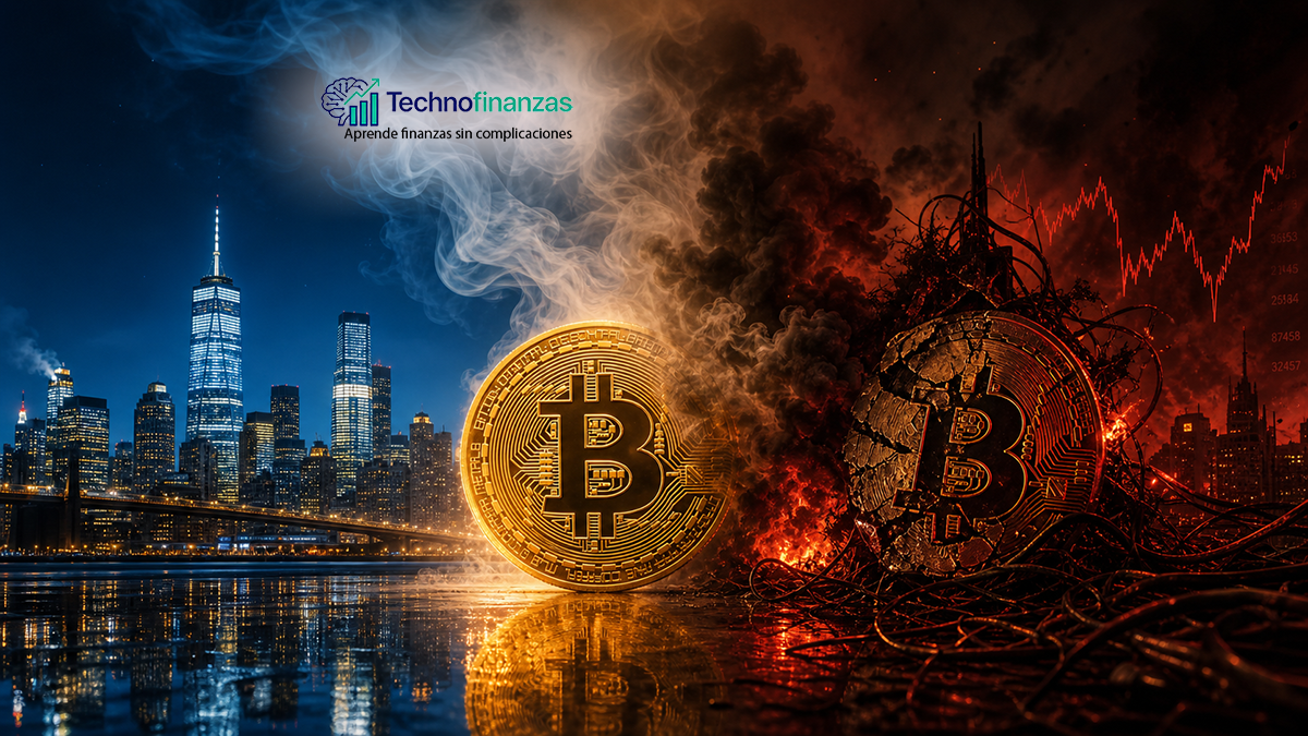 Escena dividida que muestra el lado positivo y el lado oscuro de Bitcoin, unidos por una nube de humo dramática.”
