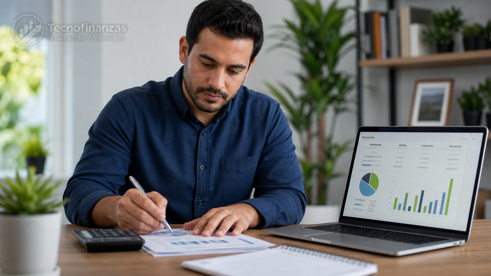 Persona latina revisando en su escritorio los impuestos de sus inversiones, con laptop, calculadora y estados de cuenta, y el logo de Technofinanzas en la parte superior izquierda