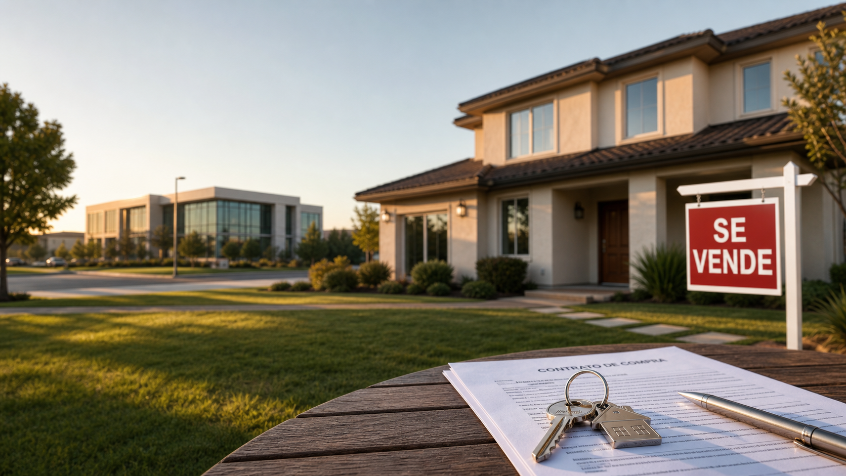 “Casa suburbana en venta con letrero ‘Se vende’, contrato de compra, pluma y llaves sobre una mesa, y un banco moderno al fondo que sugiere financiamiento