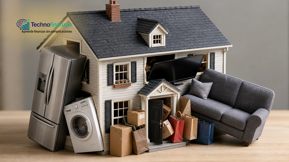 Casa de muñecas muy pequeña con muebles y electrodomésticos gigantes intentando entrar sin caber, como metáfora visual de demasiadas compras para un presupuesto limitado.