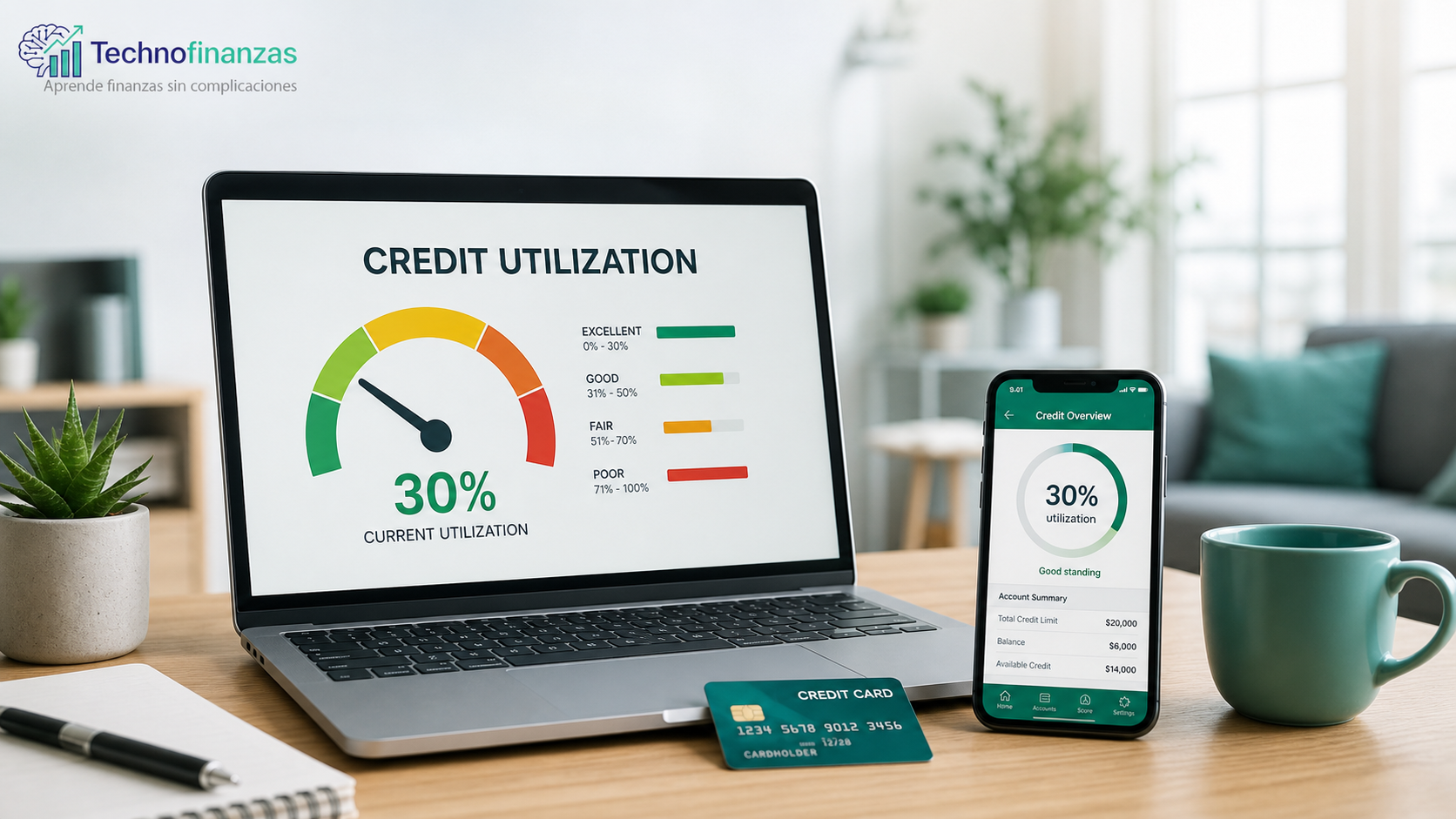 Mesa de trabajo con laptop mostrando velocímetro de crédito, tarjeta y celular con 30% de utilización, branding de Technofinanzas