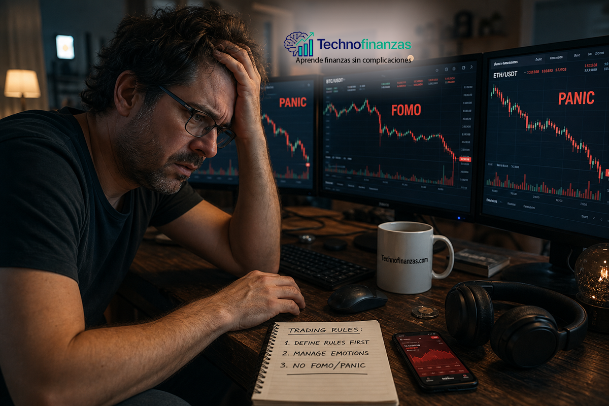 Hombre inversor de criptomonedas estresado en su oficina en casa por la noche, frente a tres monitores con gráficos volátiles, taza de Technofinanzas.com y libreta con reglas de trading.