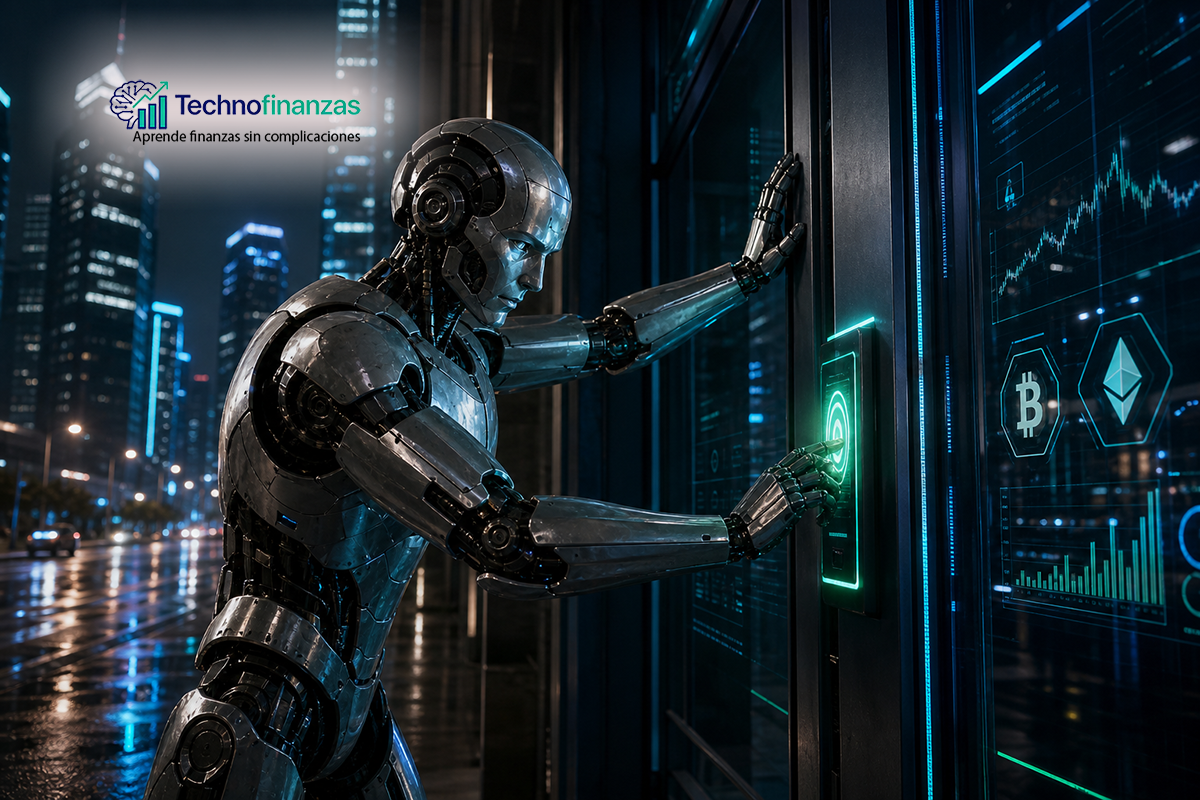 Robot metálico intentando abrir la puerta cerrada de un edificio de exchange de criptomonedas en una ciudad nocturna.