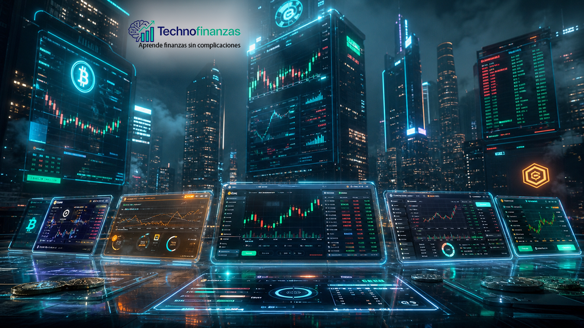 Escena futurista hiperrealista de ciudad digital nocturna con múltiples paneles de trading cripto anónimos y edificios de cristal iluminados.
