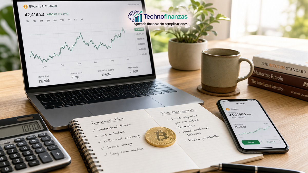 Escritorio minimalista con moneda física de Bitcoin, laptop, cuaderno de notas y calculadora, representando una primera compra prudente