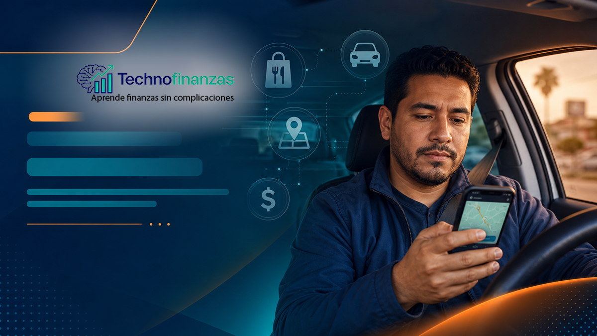 Conductor latino revisando una app de entregas en su auto, con iconos de trabajo por apps y dinero alrededor