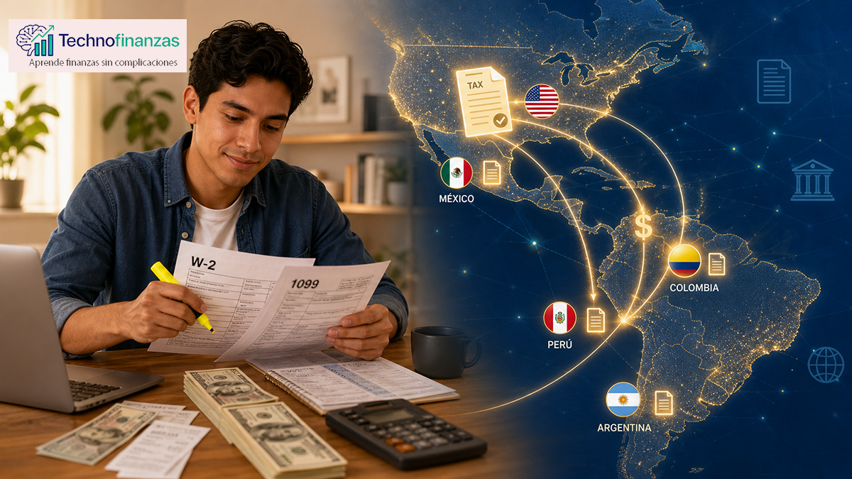 Persona latina revisando formularios W‑2 y 1099 con mapa de América y flujo de dinero entre EE. U