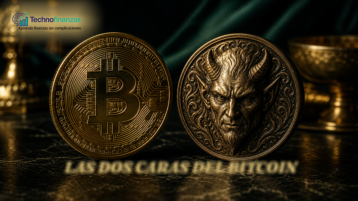 Dos bitcoins físicos fotorrealistas, uno clásico dorado y otro con un demonio grabado, sobre fondo oscuro elegante