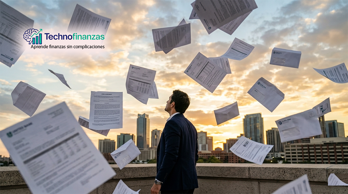 Documentos y contratos de préstamos bancarios volando en el cielo, simbolizando el caos financiero de elegir un crédito