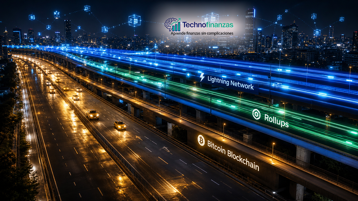 Autopista futurista de dos niveles que representa la capa base on‑chain y las capas rápidas off‑chain en una red cripto, sin personas.