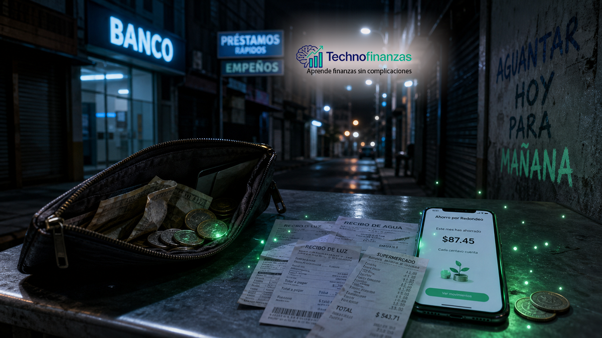 Cartera casi vacía con unas pocas monedas, billetes arrugados, recibos de servicios y un teléfono con una app de micro‑ahorro abierta sobre una mesa metálica en una calle urbana oscura, simbolizando la presión económica y el uso de la tecnología como pequeño escudo financiero.