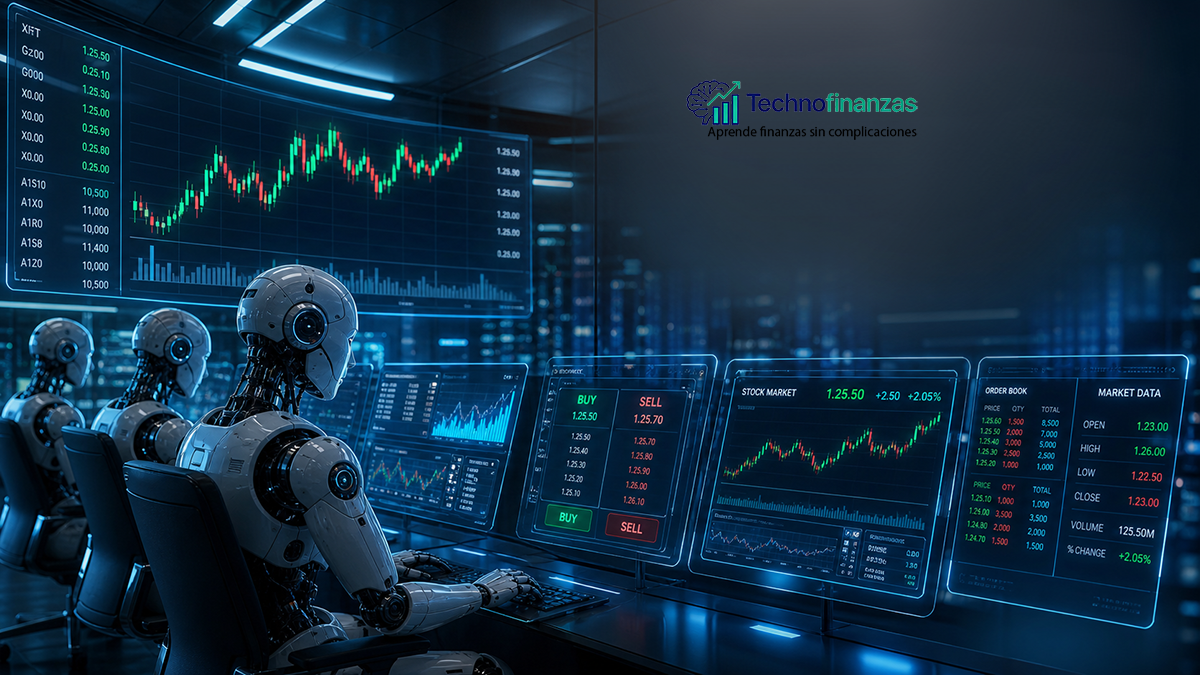 Varios robots humanoides hiperrealistas gestionando inversiones frente a pantallas con gráficos de la bolsa de valores en una sala de trading moderna
