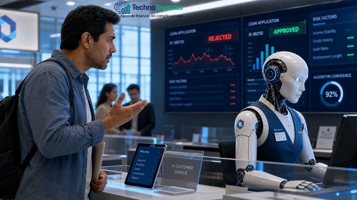 Latino intenta hablar con un robot bancario que mira hacia otro lado, simbolizando decisiones algorítmicas injustas.