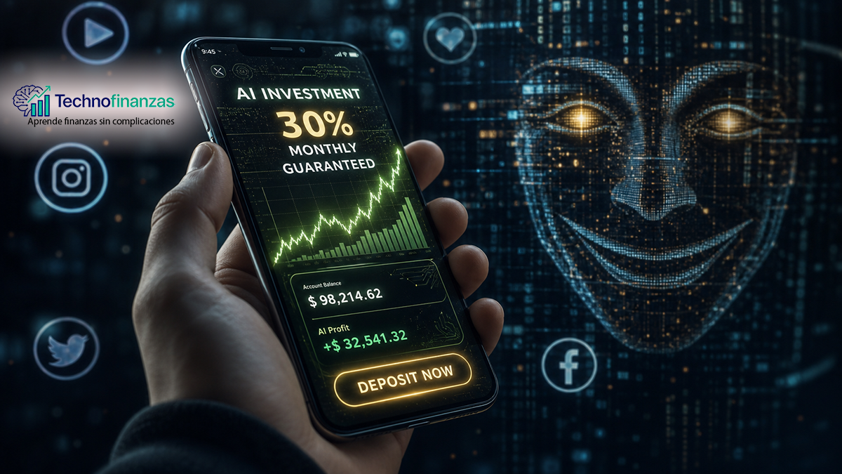 Móvil mostrando una app de inversión que promete hacerse millonario con IA, sujetado por una mano humana, con un rostro digital inquietante de fondo y símbolos de redes sociales desenfocados alrededor en un ambiente oscuro y tecnológico. con el logo de technofinanzas