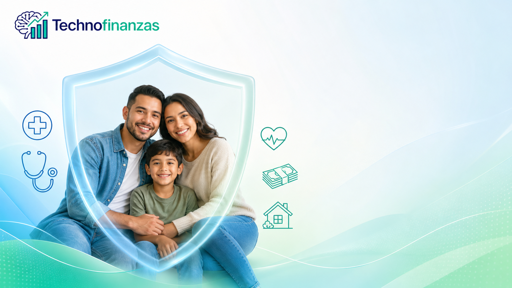 Familia protegida por un escudo que representa seguros de vida y salud con el logo de Technofinanzas en la esquina superior izquierda