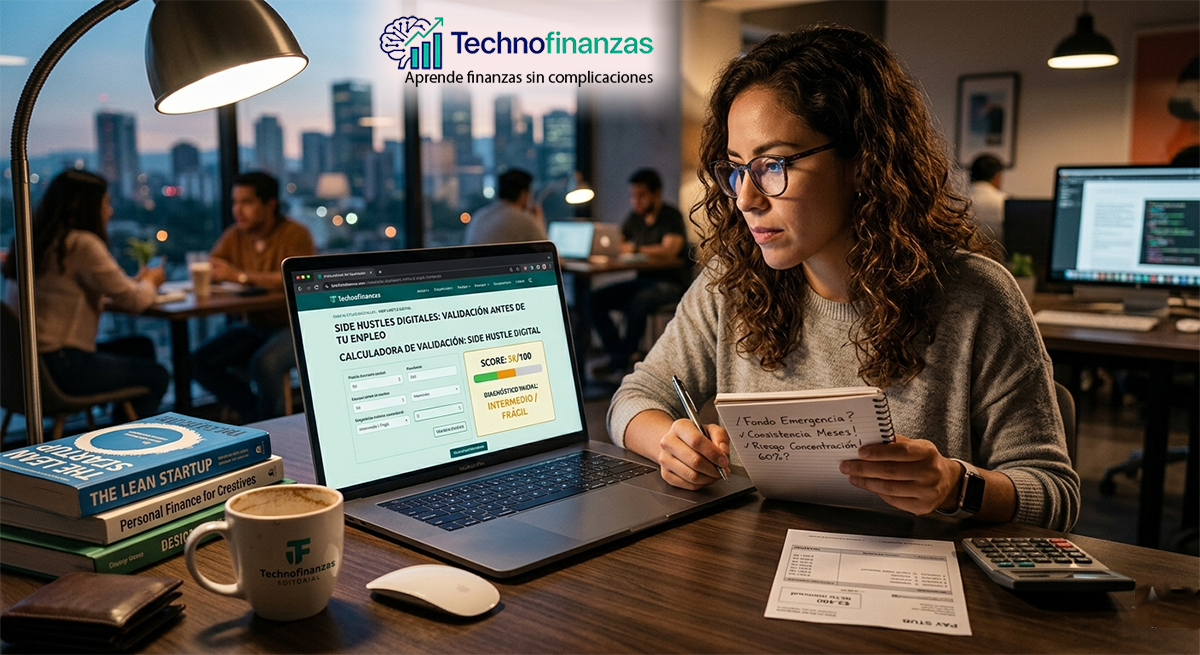 Mujer analizando en su laptop una calculadora de validación de side hustles de Technofinanzas, mientras toma notas en un espacio de trabajo nocturno con libros de finanzas y café.