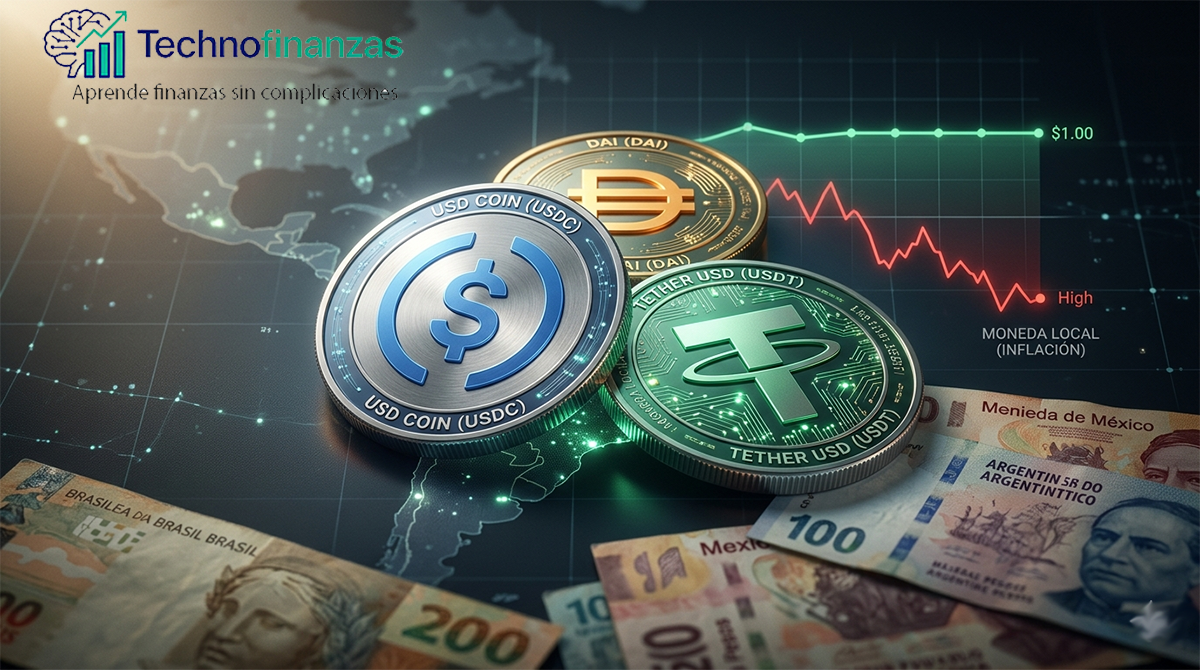Tres monedas digitales realistas de USDC, USDT y DAI sobre una superficie tecnológica con un gráfico de estabilidad a $1.00.