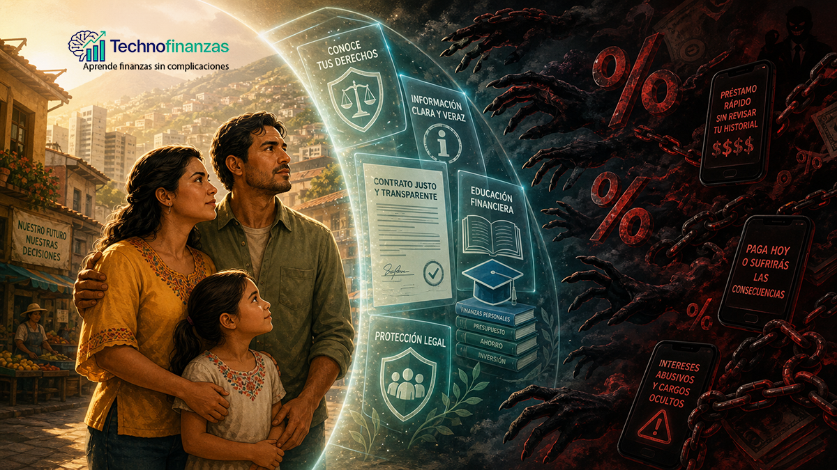 Ilustración sobre protección financiera contra usureros y gota a gota en América Latina mostrando familia protegida por escudo de educación financiera