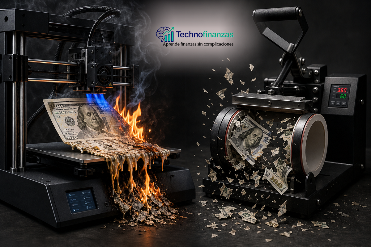 Impresora 3D y máquina de sublimación destruyendo billetes de dólar, simbolizando dinero quemado en maquinaria mal utilizada