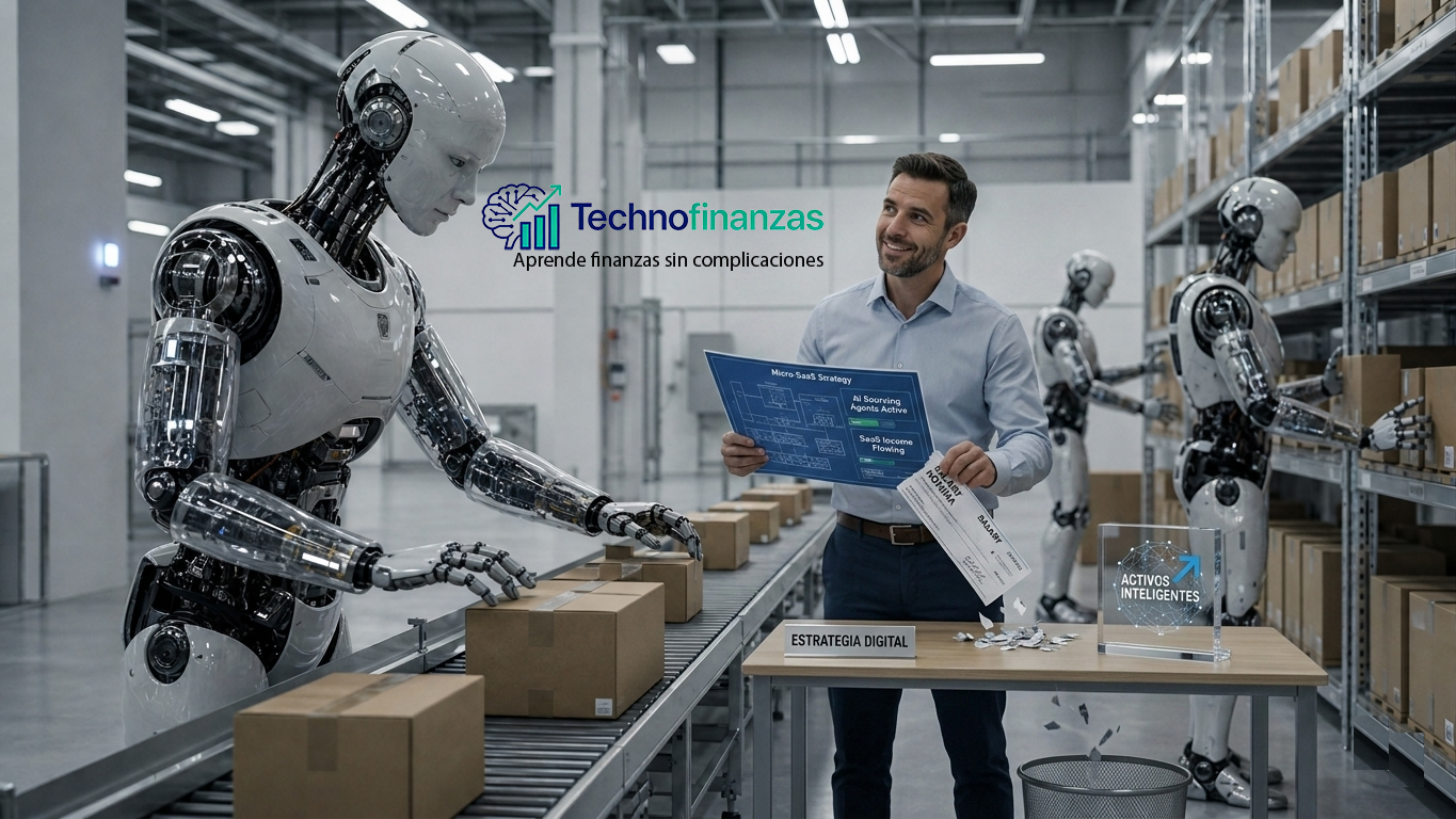Un hombre de negocios supervisa una línea de montaje de almacén automatizada donde los robots empaquetan cajas, mientras rompe un cheque de salario y sostiene una estrategia de Micro-SaaS, lo que significa la transición de la dependencia del salario a los ingresos impulsados por la IA.