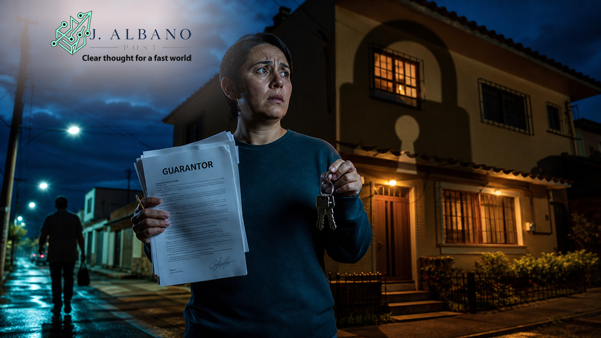 Persona preocupada sosteniendo un contrato de fiador y las llaves de su casa, simbolizando el riesgo de perderlo todo por una deuda ajena.