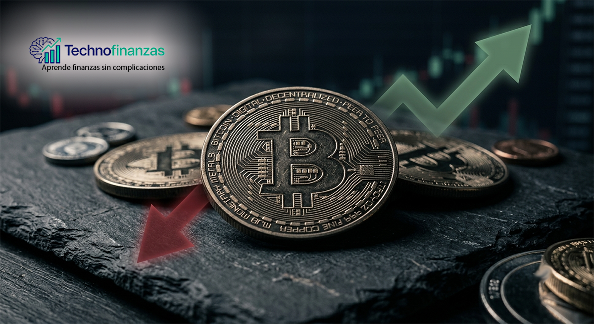 Close-up macro shot of tangible, metallic physical Bitcoin coins resting on a dark, textured slate surface with translucent, glowing green up and red down stock market arrows in a moody, out-of-focus background.